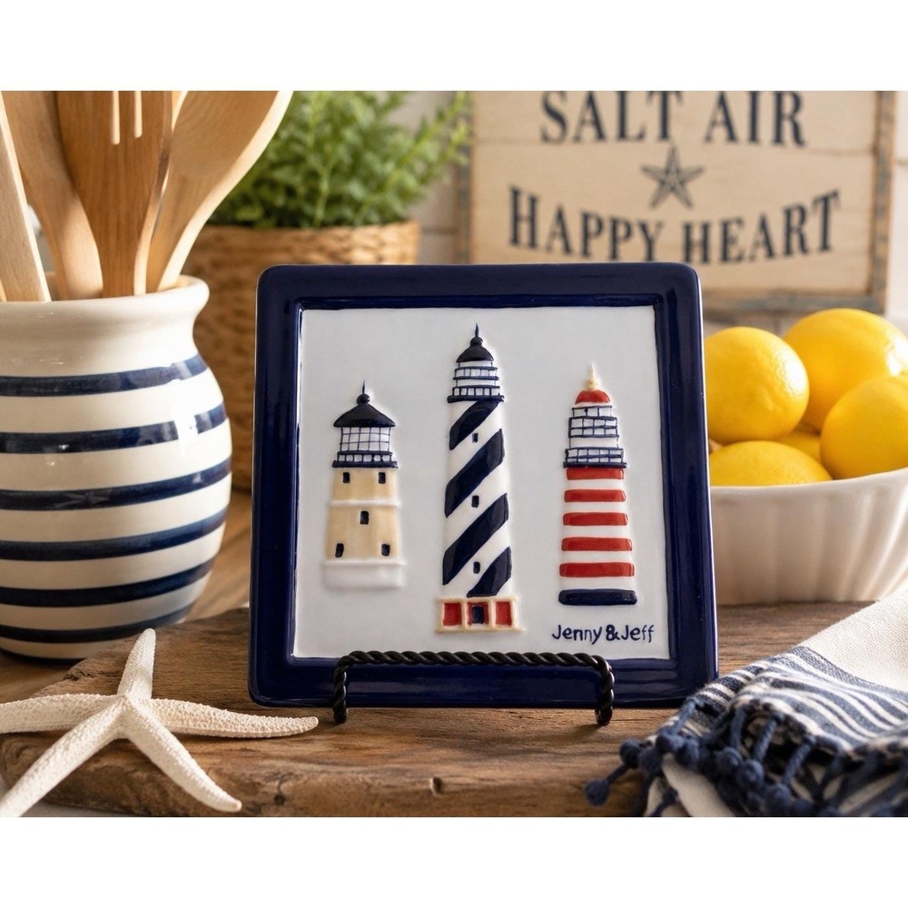 VTG Cecil Saydah Jenny & Jeff Lighthouse Ceramic Tile Trivet Nautical Coastal